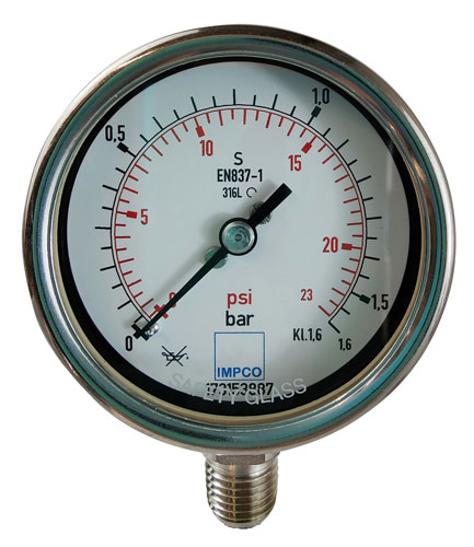Rohrfeder-Manometer 63mm 0-1,6 bar 1/4" NPT unten